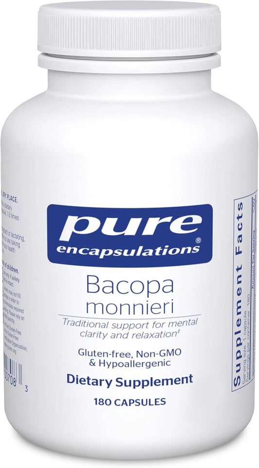 Pure Encapsulations Bacopa Monnieri 180 capsules front bottle view premium nootropic supplement for memory support.