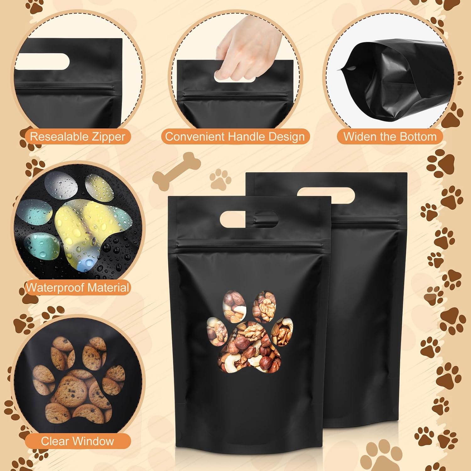 Black and white paw design treat bags for canine snacks