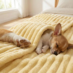 Side view highlighting the soft plush thickness of the high visibility yellow calming companion blanket.