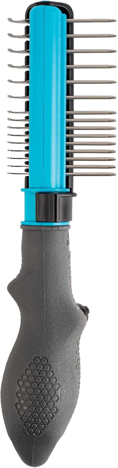 Close-up of the curved dematting blades on the FURminator doodle brush for safe knot removal.