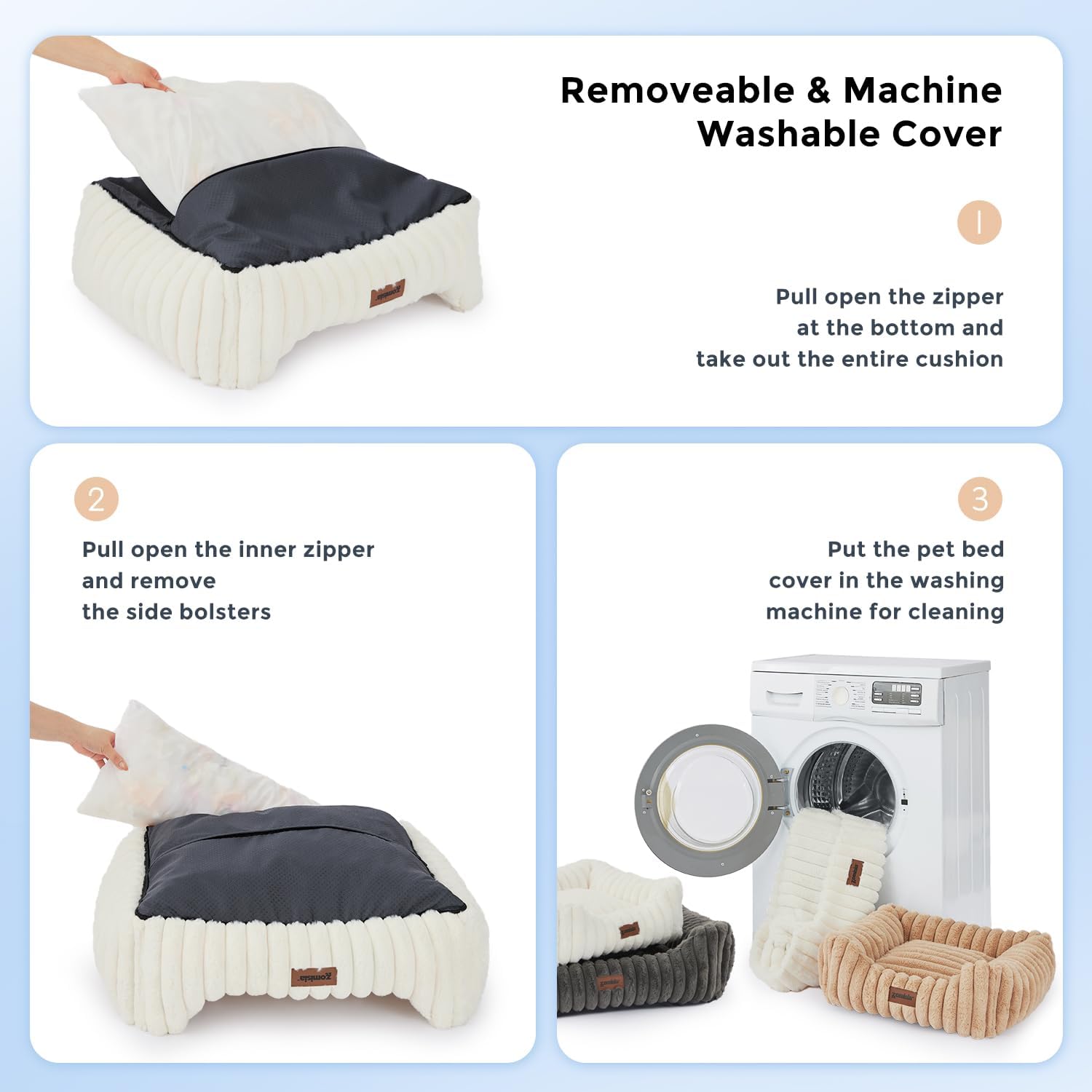 Side view of orthopedic foam bolsters on Zomisia bed