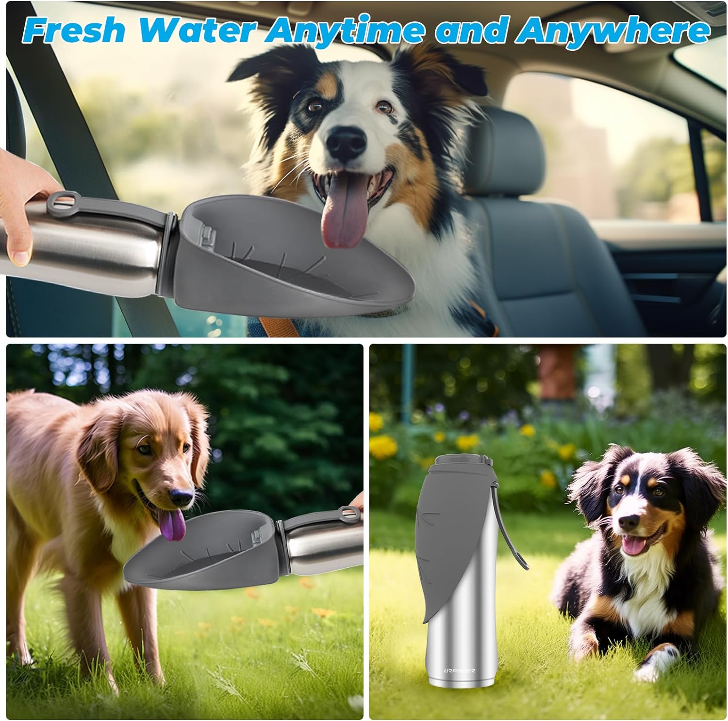 Gray portable pet dispenser twenty seven ounce capacity held by the carrying handle
