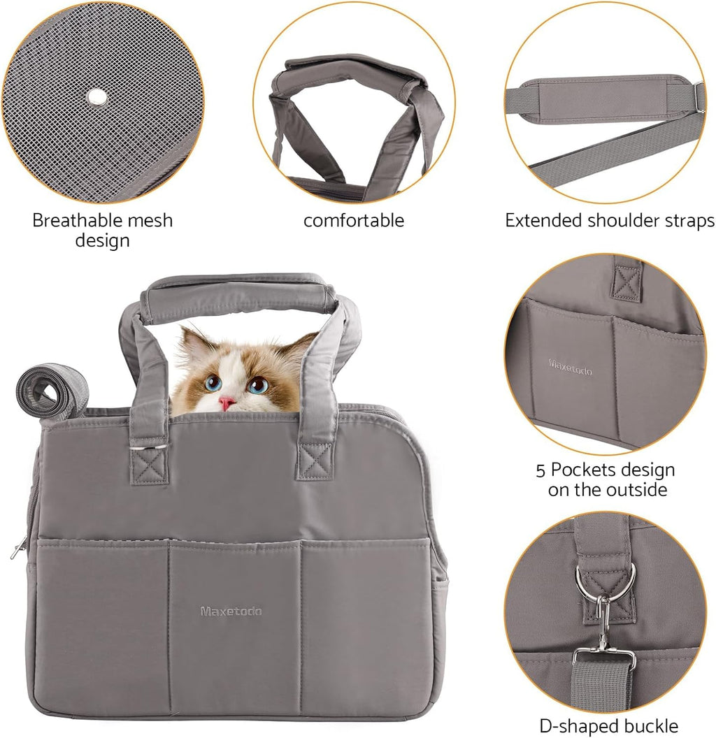 Model carrying Maxetodo pet carrier crossbody style