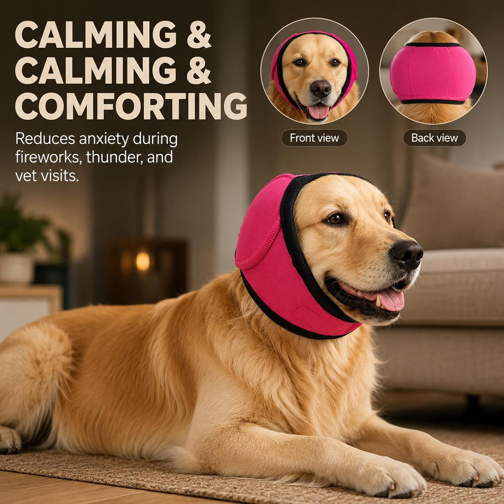 Dog ear protector being worn by a puppy during a loud thunderstorm.