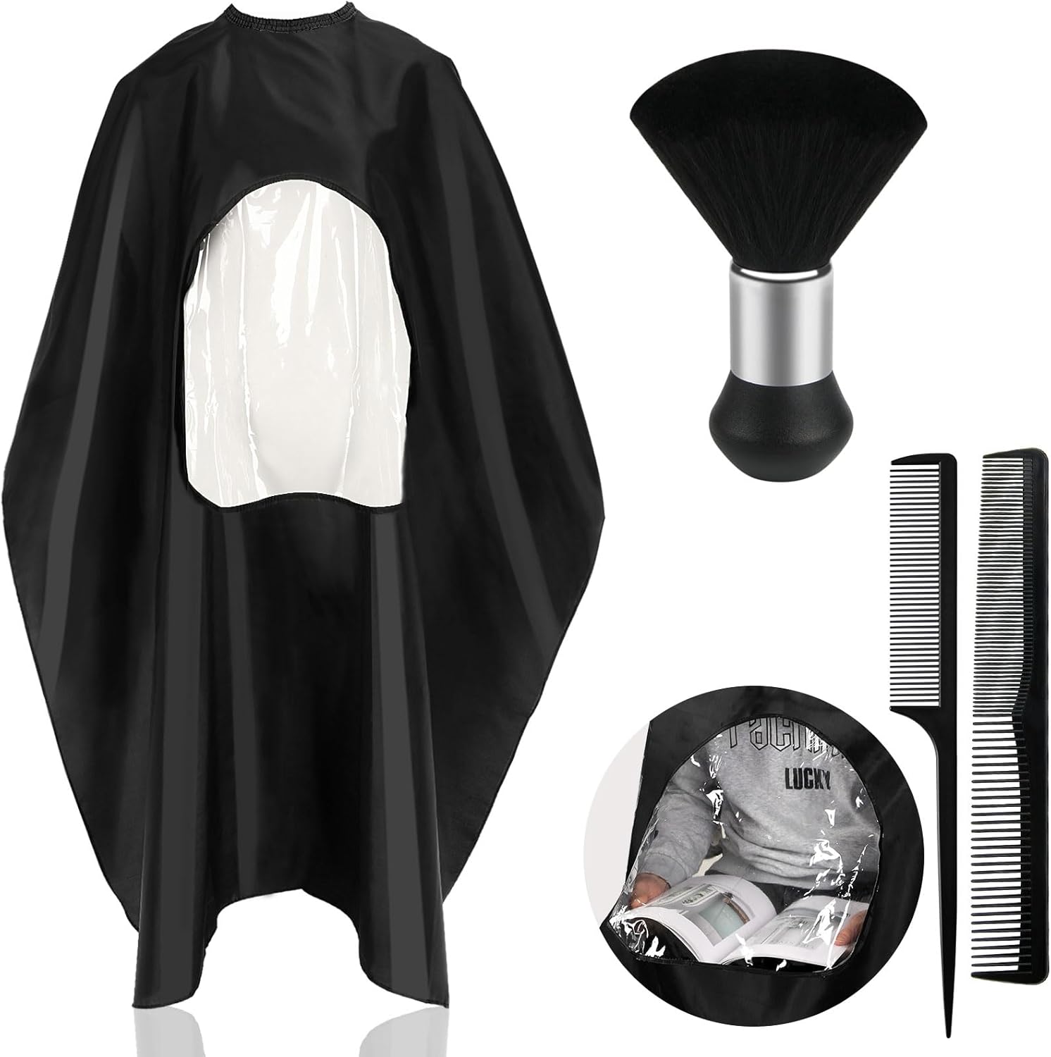 FEBSNOW Professional Black Barber Cape front view showing the transparent phone viewing window.