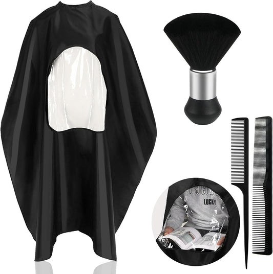 FEBSNOW Professional Black Barber Cape front view showing the transparent phone viewing window.