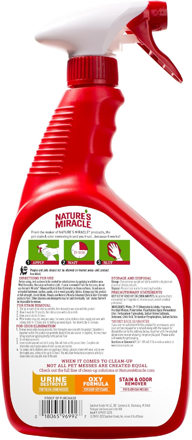 Nature's Miracle enzymatic cat stain remover spray packaging close up showing severe mess formula details.