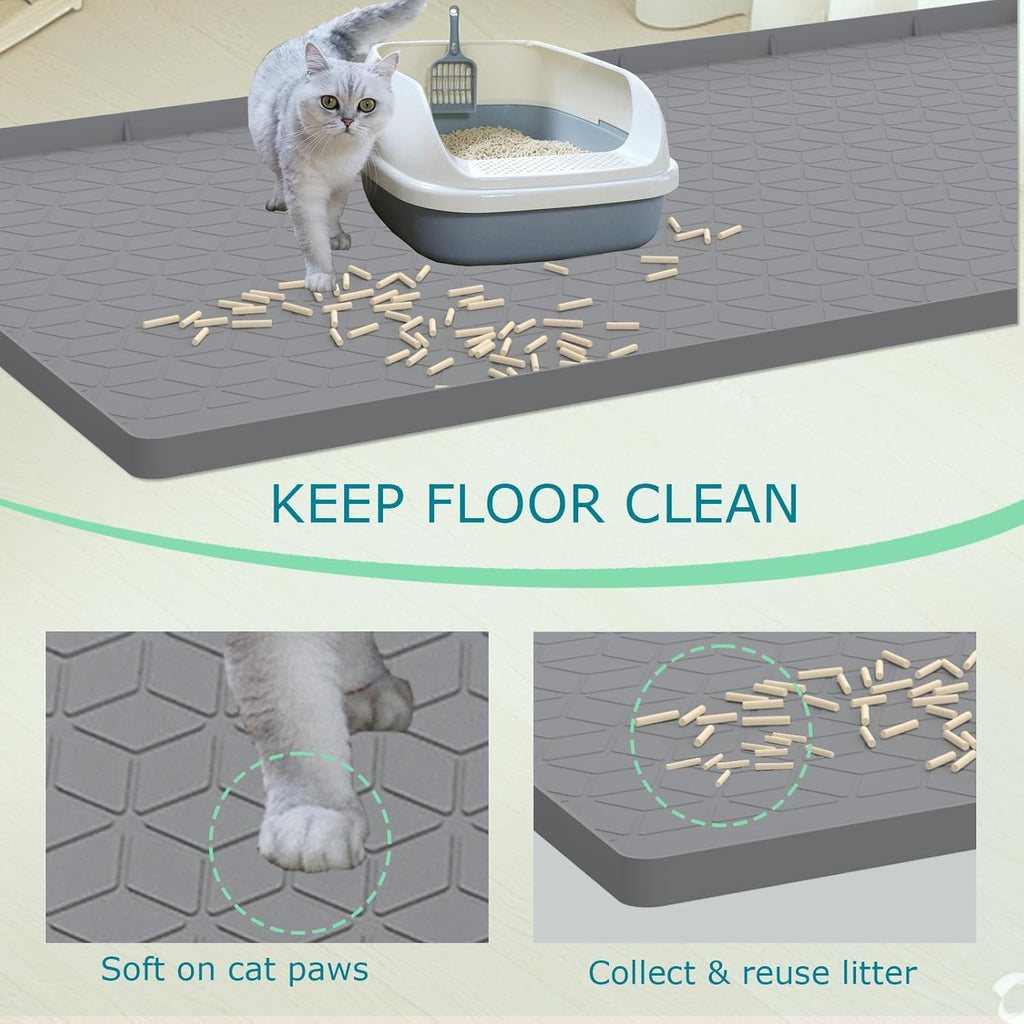 Large gray waterproof cat litter trapping mat under a litter box