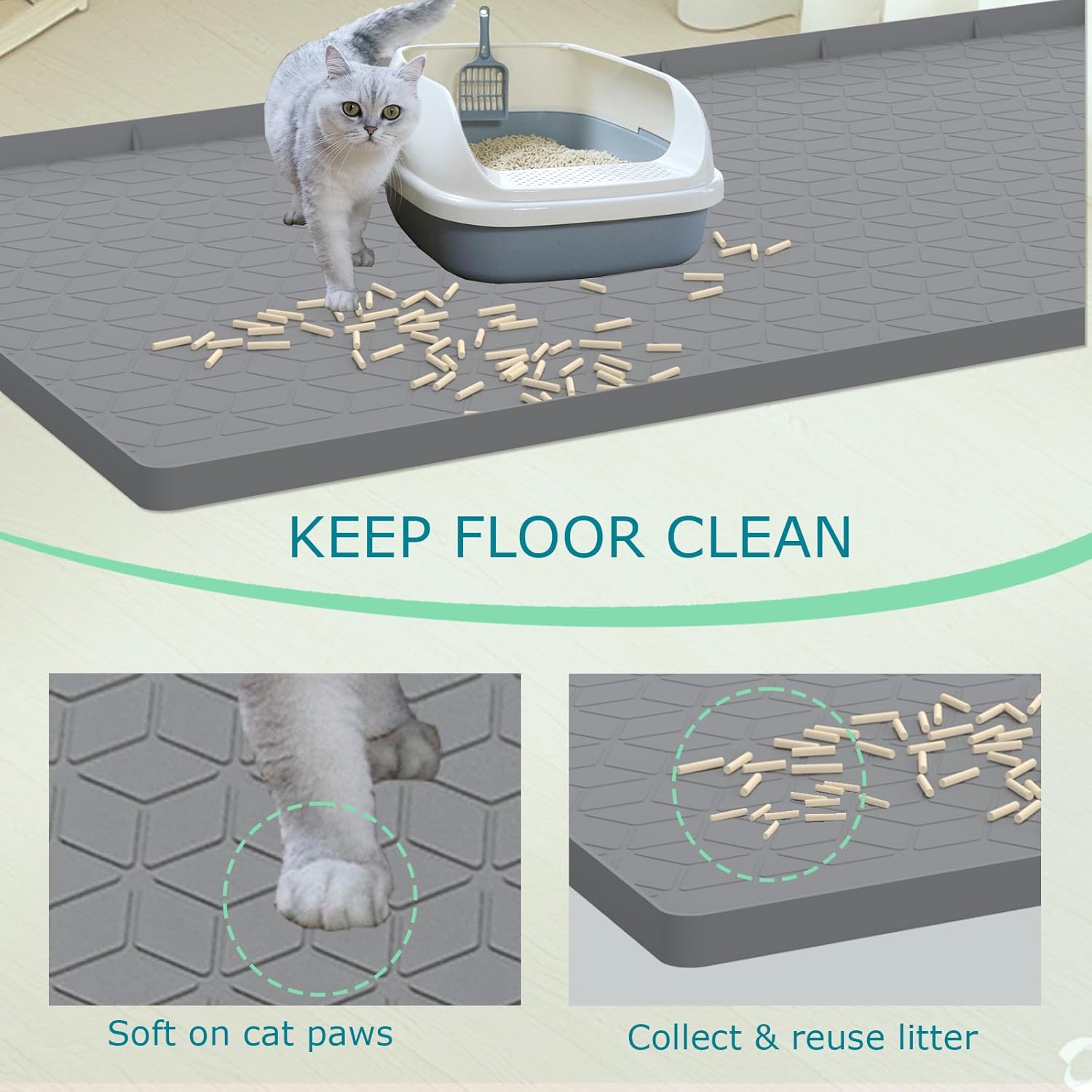 Large gray waterproof cat litter trapping mat under a litter box
