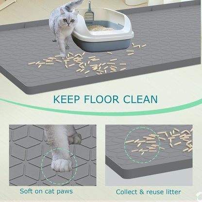 Large gray waterproof cat litter trapping mat under a litter box