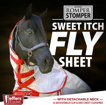 Jeffers horse fly sheet with detachable neck white and red styling.
