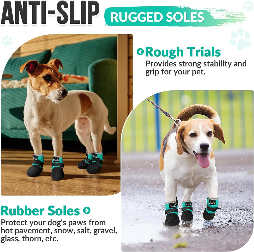 Dog wearing teal SlowTon boots on pavement