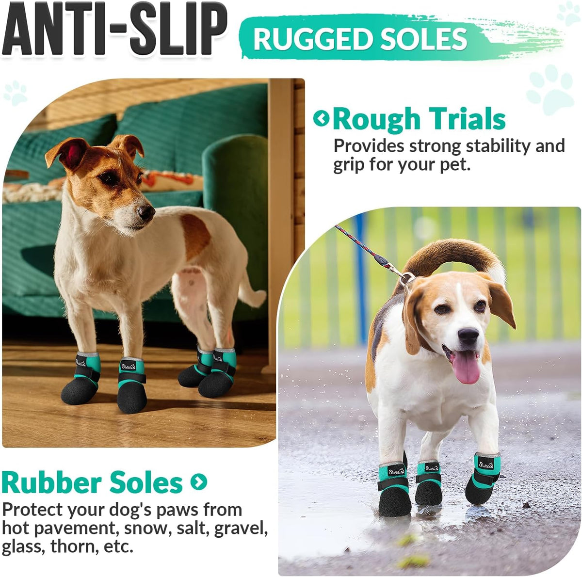 Dog wearing teal SlowTon boots on pavement