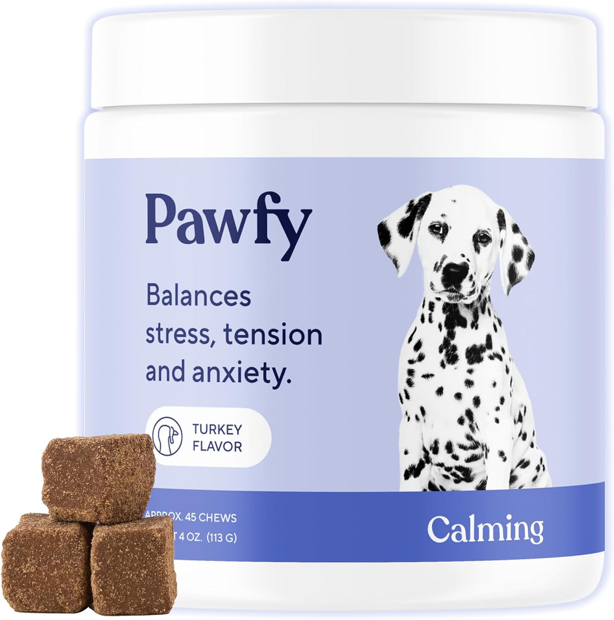Pawfy Calming Chews for Dogs bottle front view showing natural stress relief treats