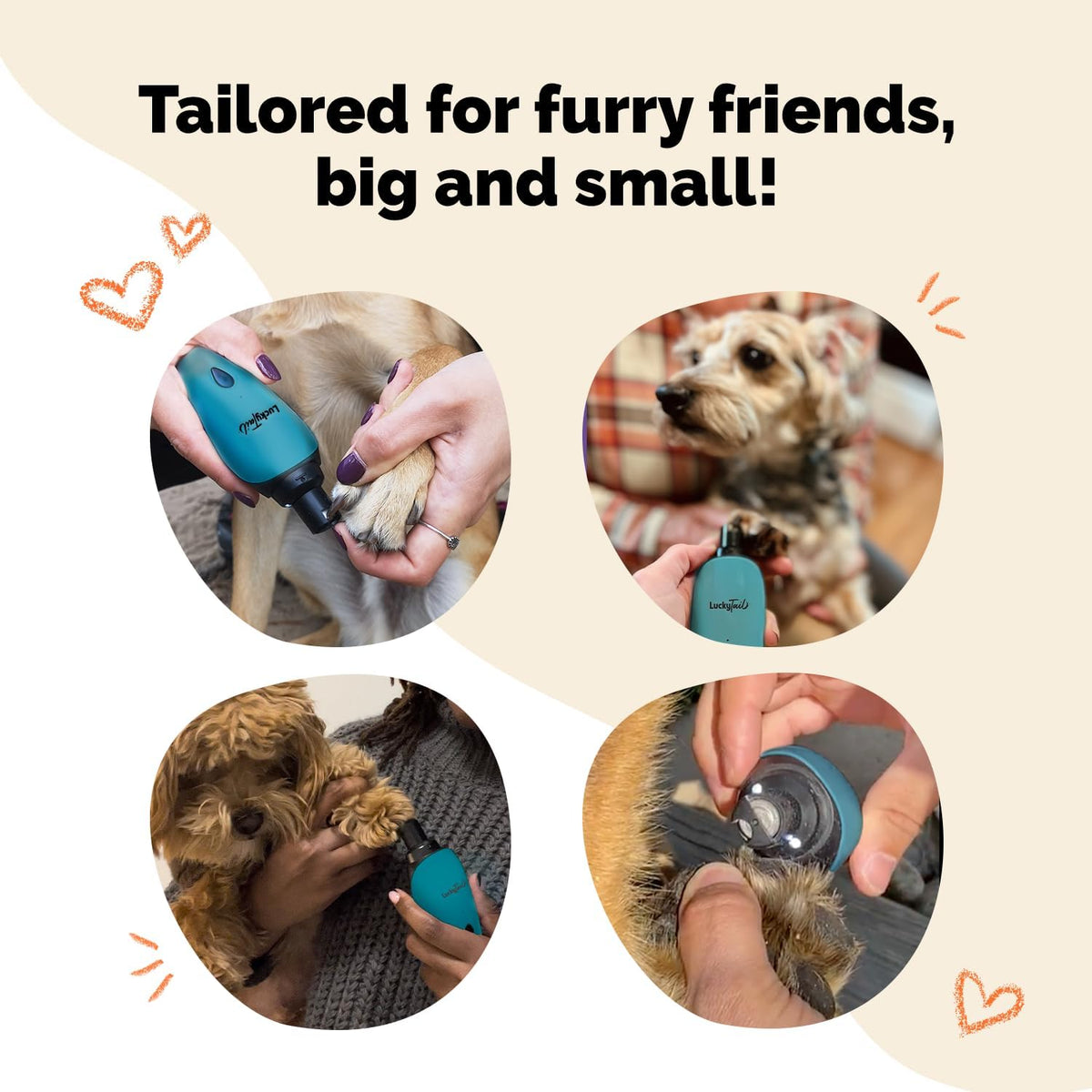 LuckyTail electric dog nail file being held to demonstrate the lightweight and ergonomic grip.