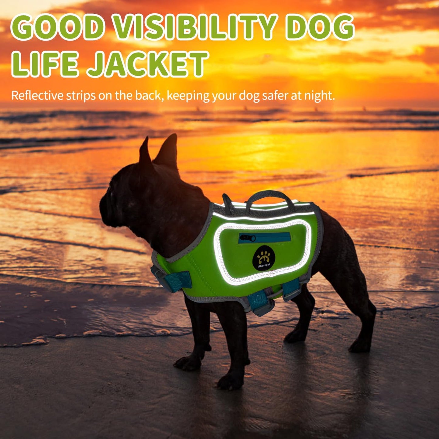 Small dog life vest with dual side pockets and integrated poop bag dispenser hole.