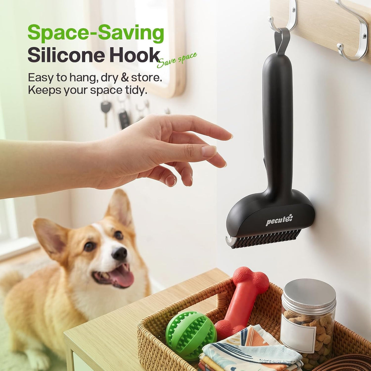 Pecute grooming tool stored with silicone hanging hook