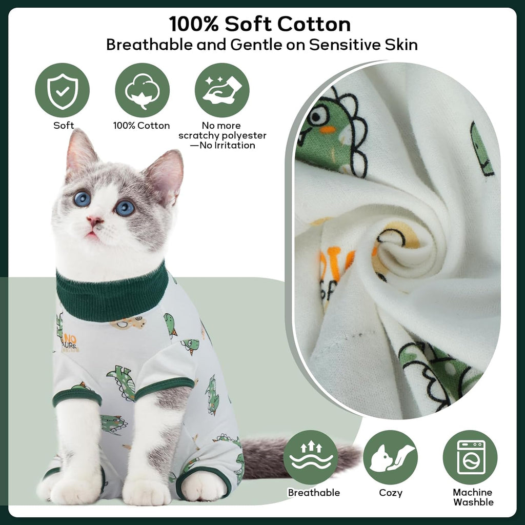 Side view of cat wearing Qbleev surgical onesie