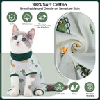 Side view of cat wearing Qbleev surgical onesie