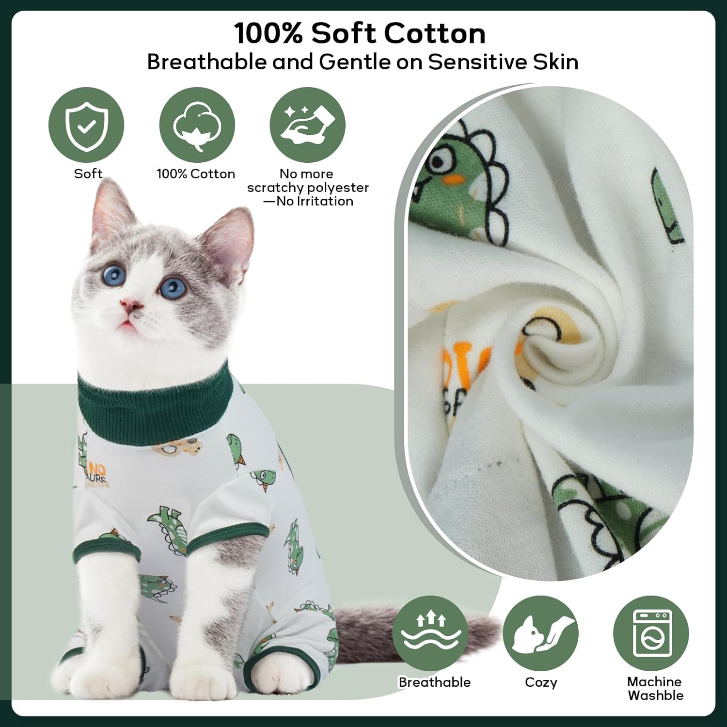 Side view of cat wearing Qbleev surgical onesie