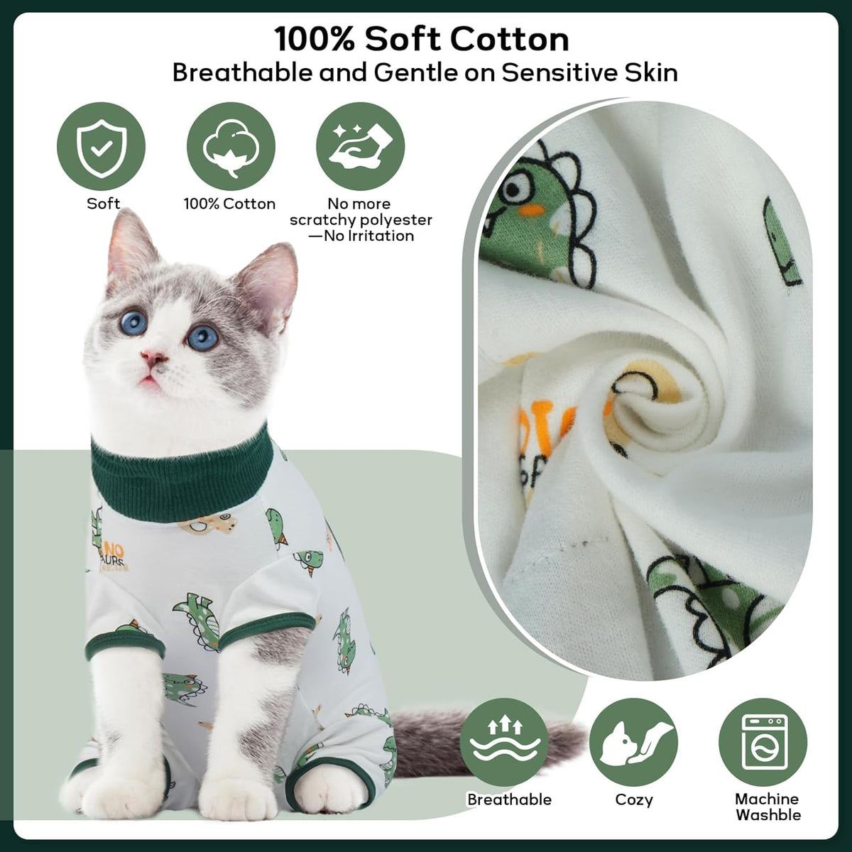 Side view of cat wearing Qbleev surgical onesie