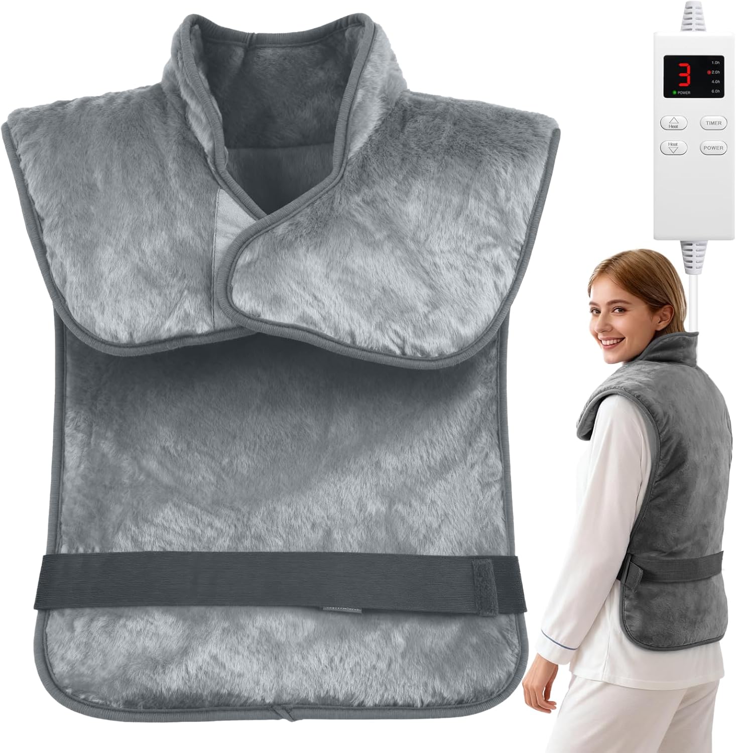 NBKLS electric heating pad front view showing the grey flannel wearable wrap style for back pain relief
