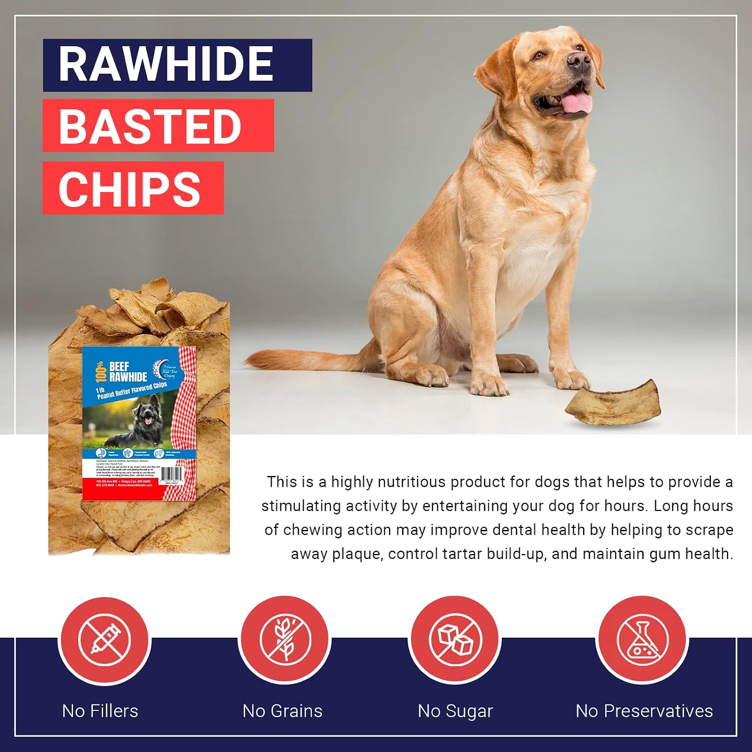 Rear label of the dog chew package displaying nutritional value and genuine product information.