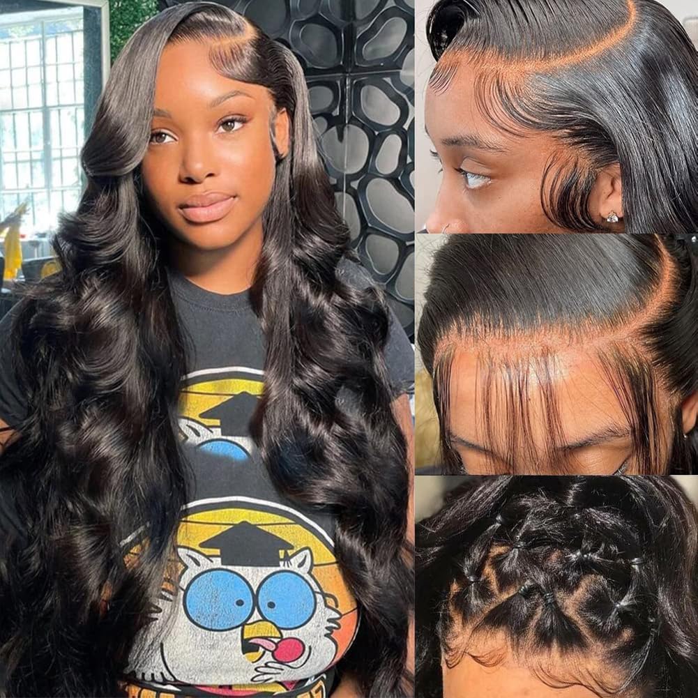 Pizazz body wave human hair wig front view showcasing natural black color and pre plucked hairline.
