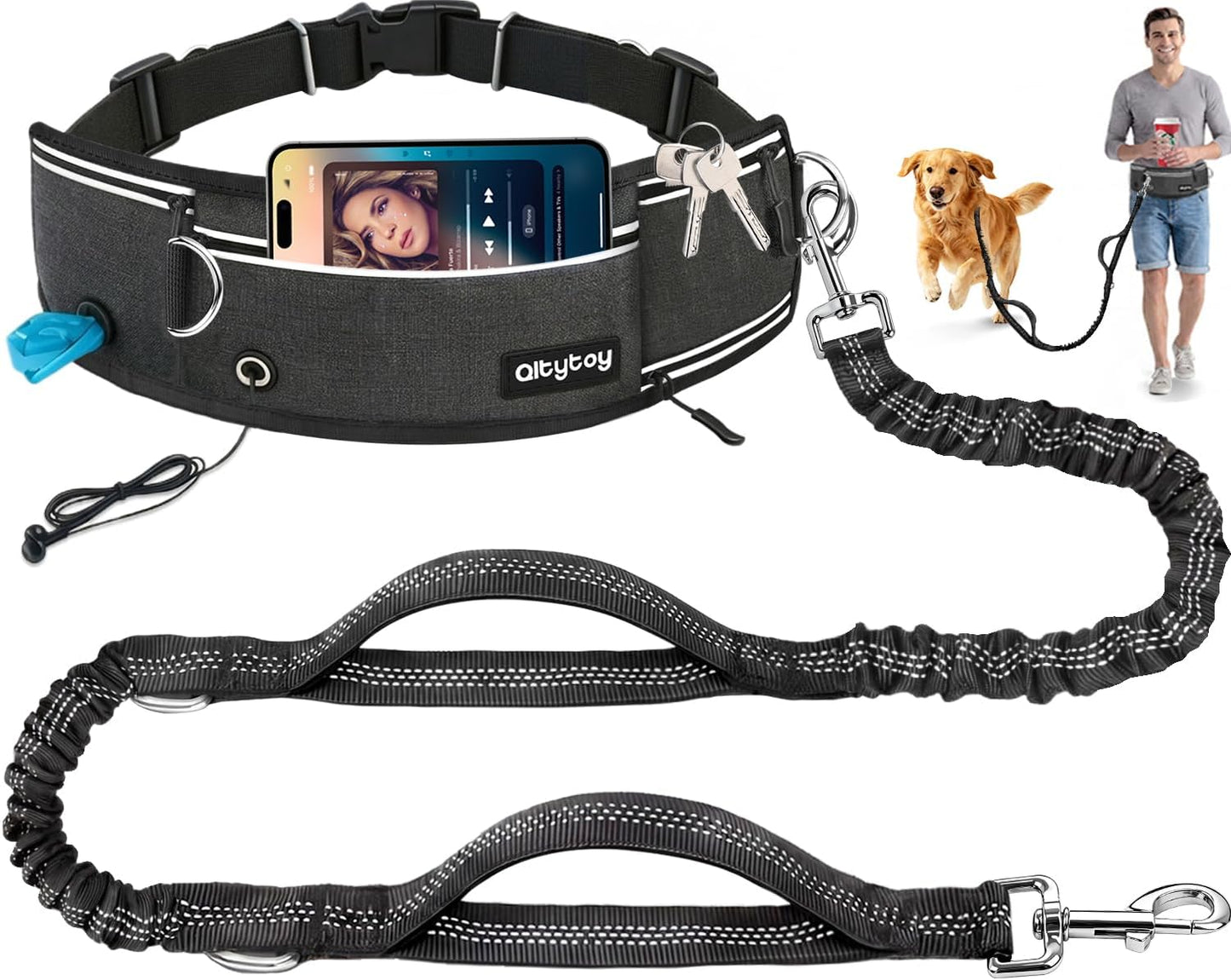 Hands Free Double Dog Leash for Two Dogs,240LB Heavy Duty Retractable with Partitioned Pouch Adjustable Waist for Walking Running Jogging Hiking Biking Training for Medium/Large(Not for25LBS) - Image 9