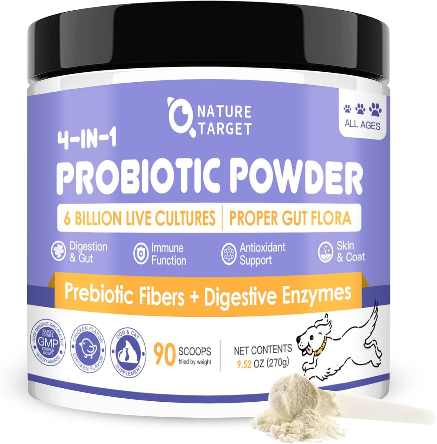 Nature Target Probiotics for Dogs front view of chicken flavor powder tub