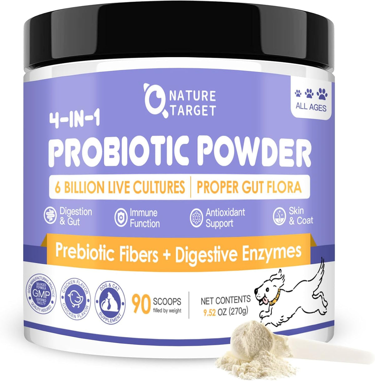Nature Target Probiotics for Dogs front view of chicken flavor powder tub
