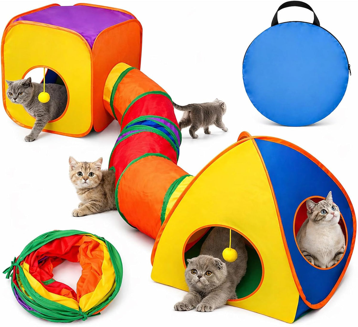 A happy kitten pouncing near the dangling ball of the Rypet pet tunnel