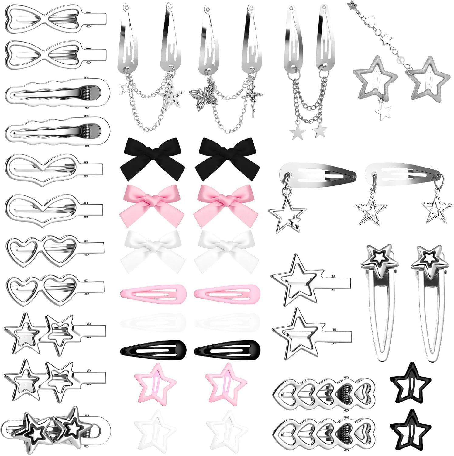 Fingertip WD 42 Piece Y2K Pink Hair Clips Set front view displaying various star and heart aesthetic designs.