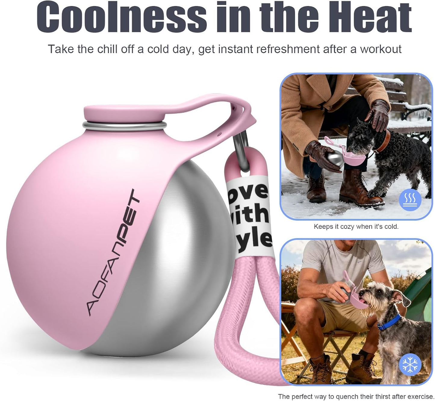 Compact pink dog walking accessory bottle shown on a hiking trail