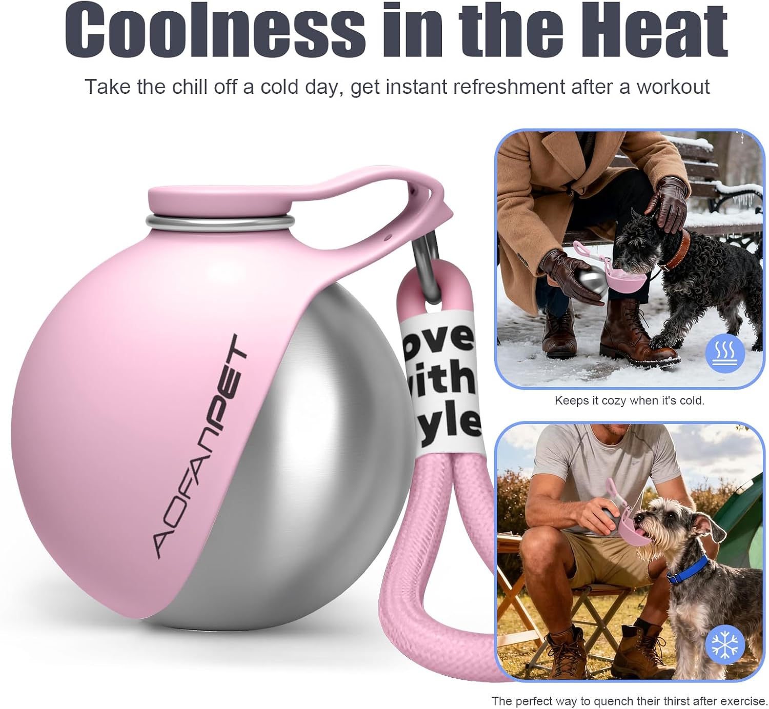 Compact pink dog walking accessory bottle shown on a hiking trail