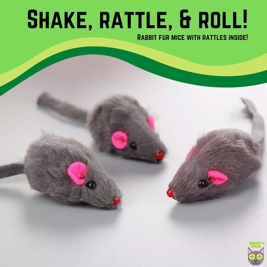 Close-up shot of the texturized faux fur material on the gray mouse toy.