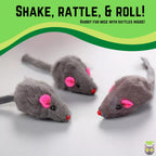 Close-up shot of the texturized faux fur material on the gray mouse toy.