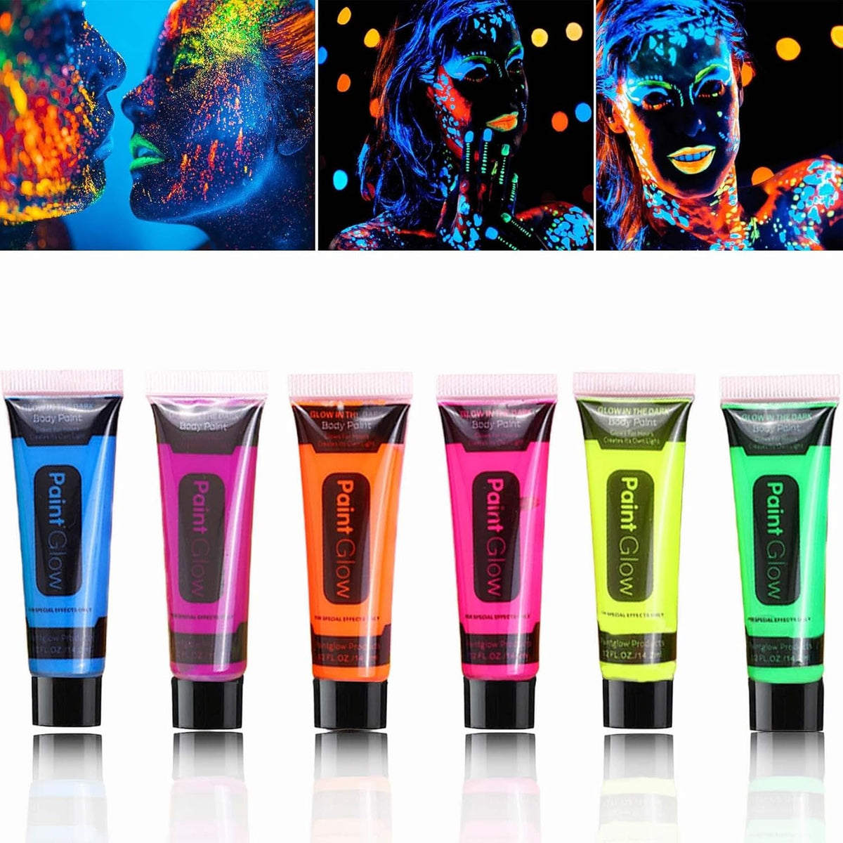 BKPPLZP glow in the dark face and body paint set front view packaging showing six color tubes