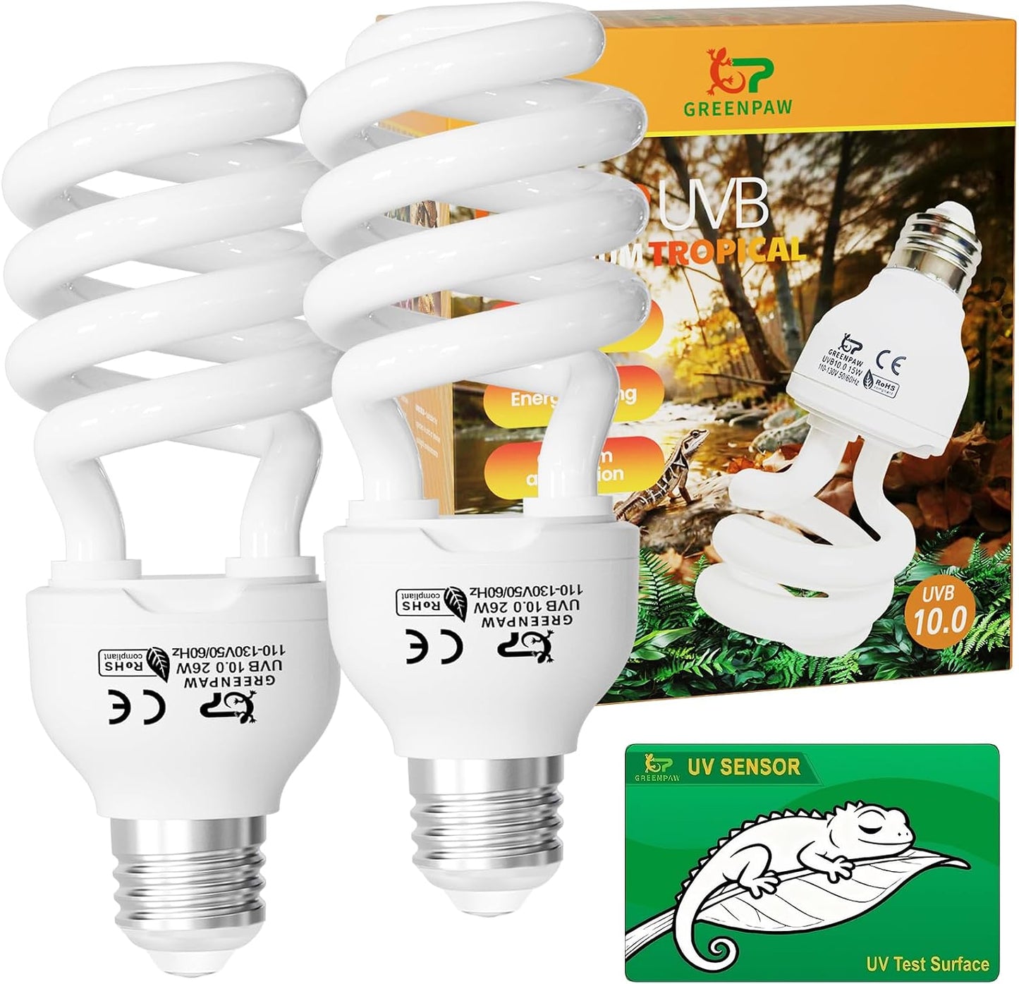 UVB Light for Reptiles 5.0: 15W UVA UVB Reptile Light Bulb 2 Pack, Tropical Reptile UVB Bulb Compact Fluorescent Terrarium Lamp,UVB Light Bulb for Chameleon Turtle Gecko Include UV Sensor Card - Image 10