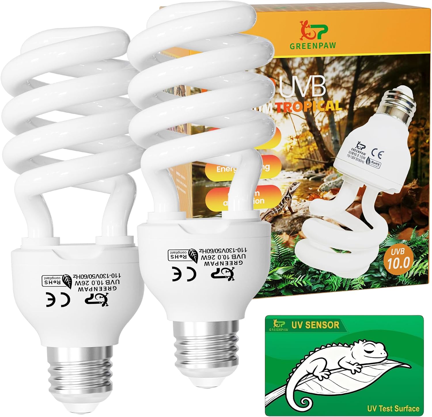 UVB Light for Reptiles 5.0: 15W UVA UVB Reptile Light Bulb 2 Pack, Tropical Reptile UVB Bulb Compact Fluorescent Terrarium Lamp,UVB Light Bulb for Chameleon Turtle Gecko Include UV Sensor Card - Image 10