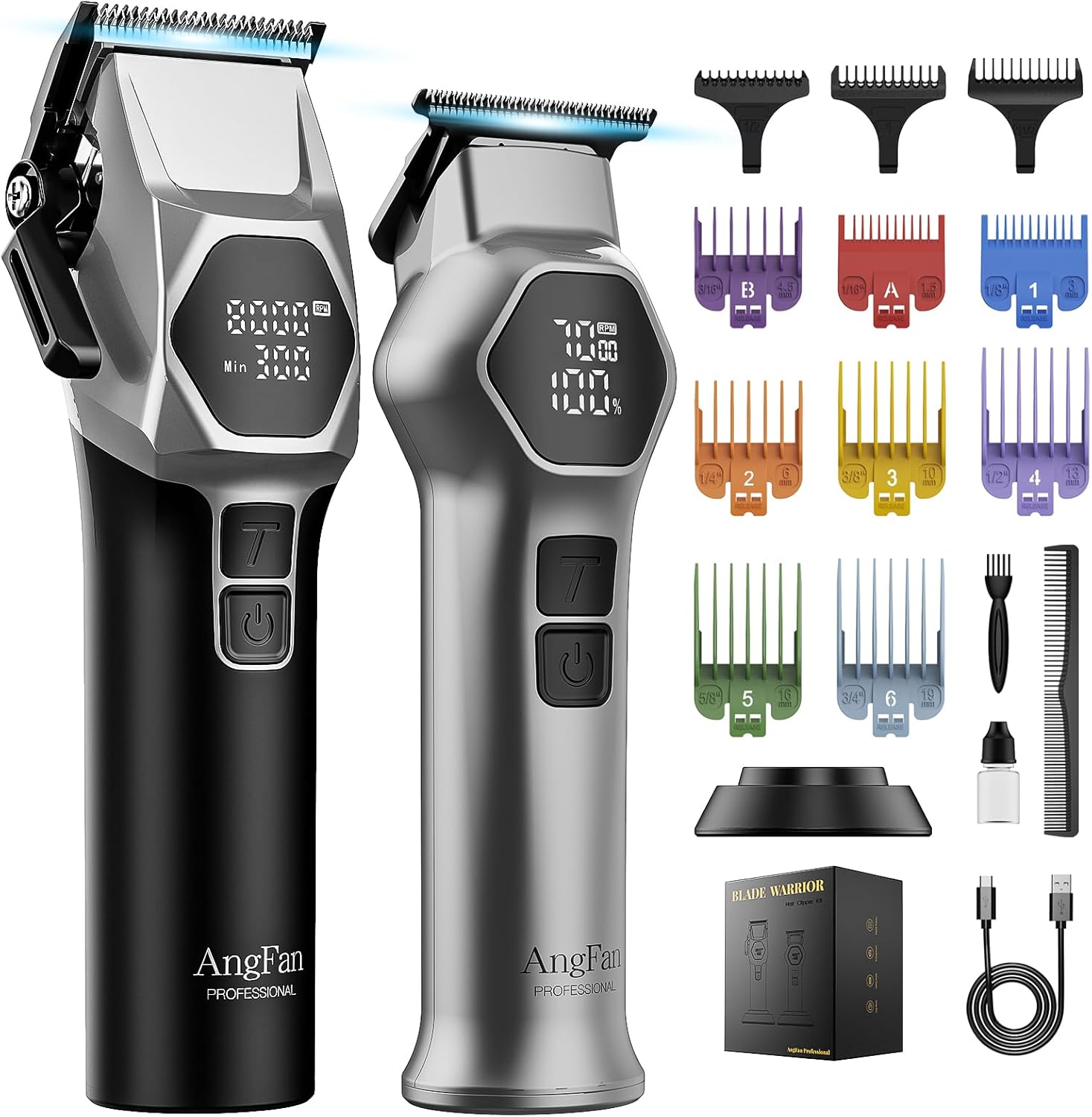AngFan professional hair clippers and trimmer set front view showing the digital LED battery display screen