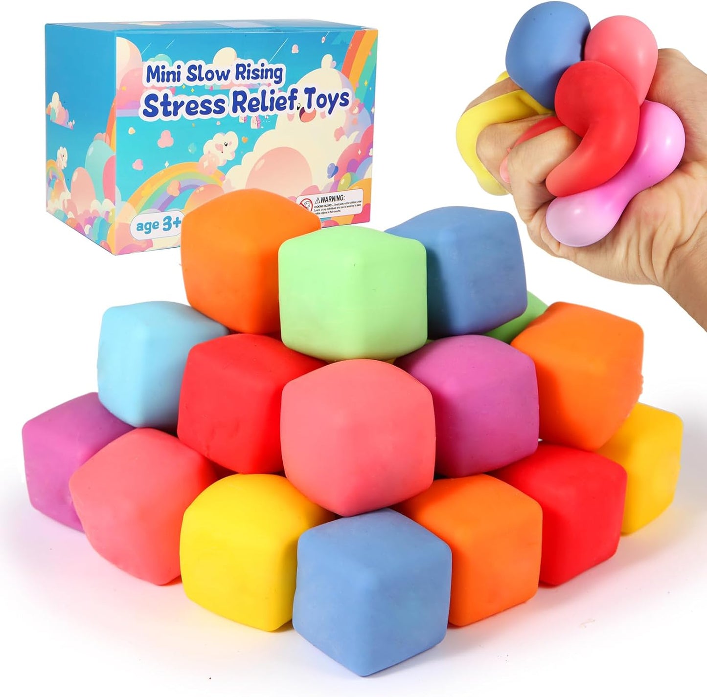 Neec 24 Pack Slow Rising Stress Cube front view showing assorted colorful squishy toys.