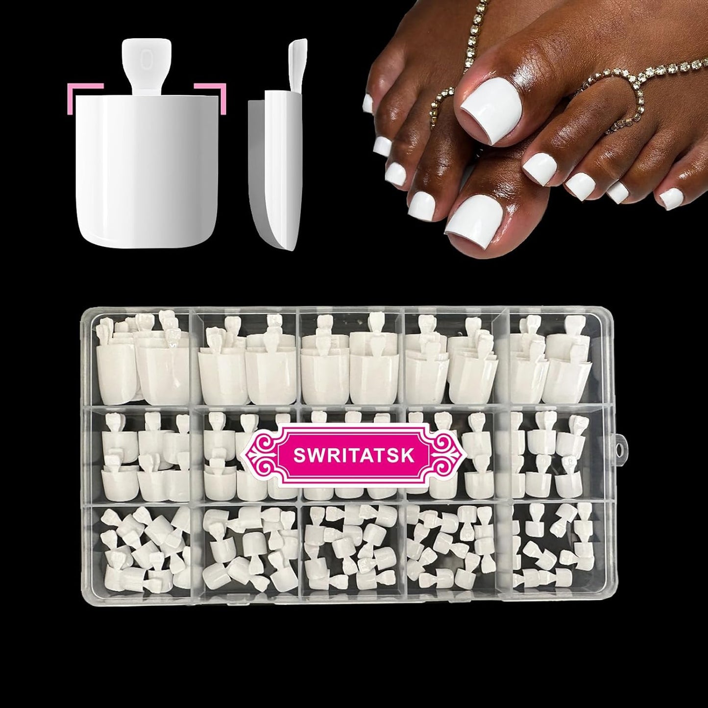 SWRITATSK White Toe Nail Press Ons in 15 different sizes for custom fit