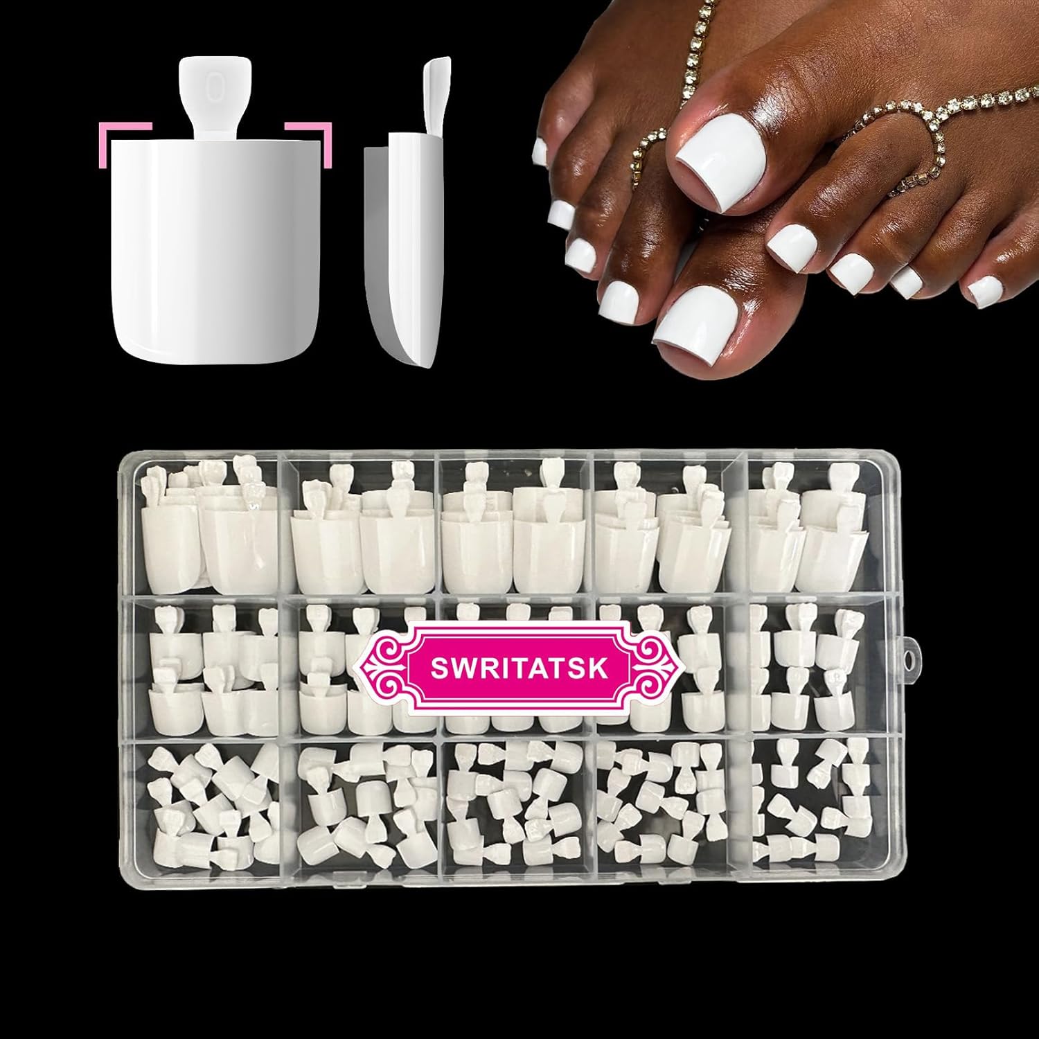 SWRITATSK White Toe Nail Press Ons in 15 different sizes for custom fit