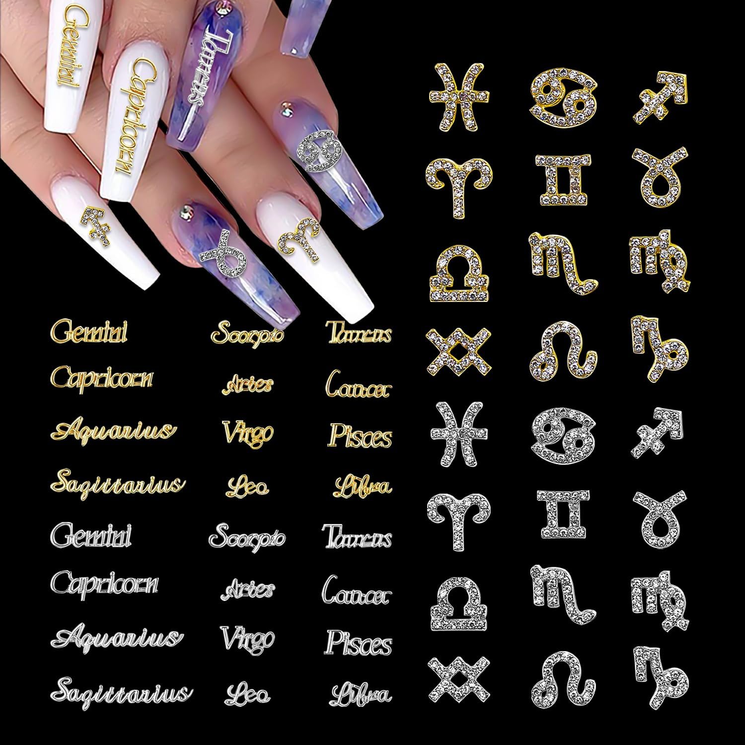 XEAOHESY alloy zodiac nail charms forty eight pieces package front view showing gold and silver constellation symbols.