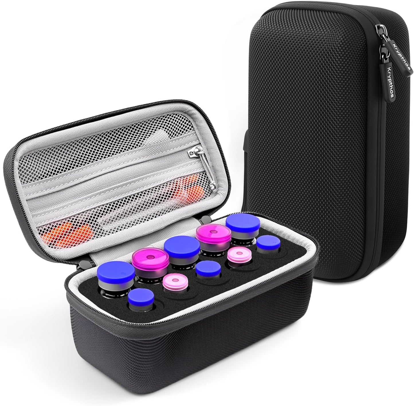 Krypthos 10 Slots Insulin Vial Protector Case front view showing the durable black water resistant exterior shell
