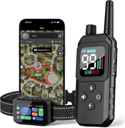 Aweec GPS Wireless Dog Fence main front view showing the sleek black digital collar and remote controller.
