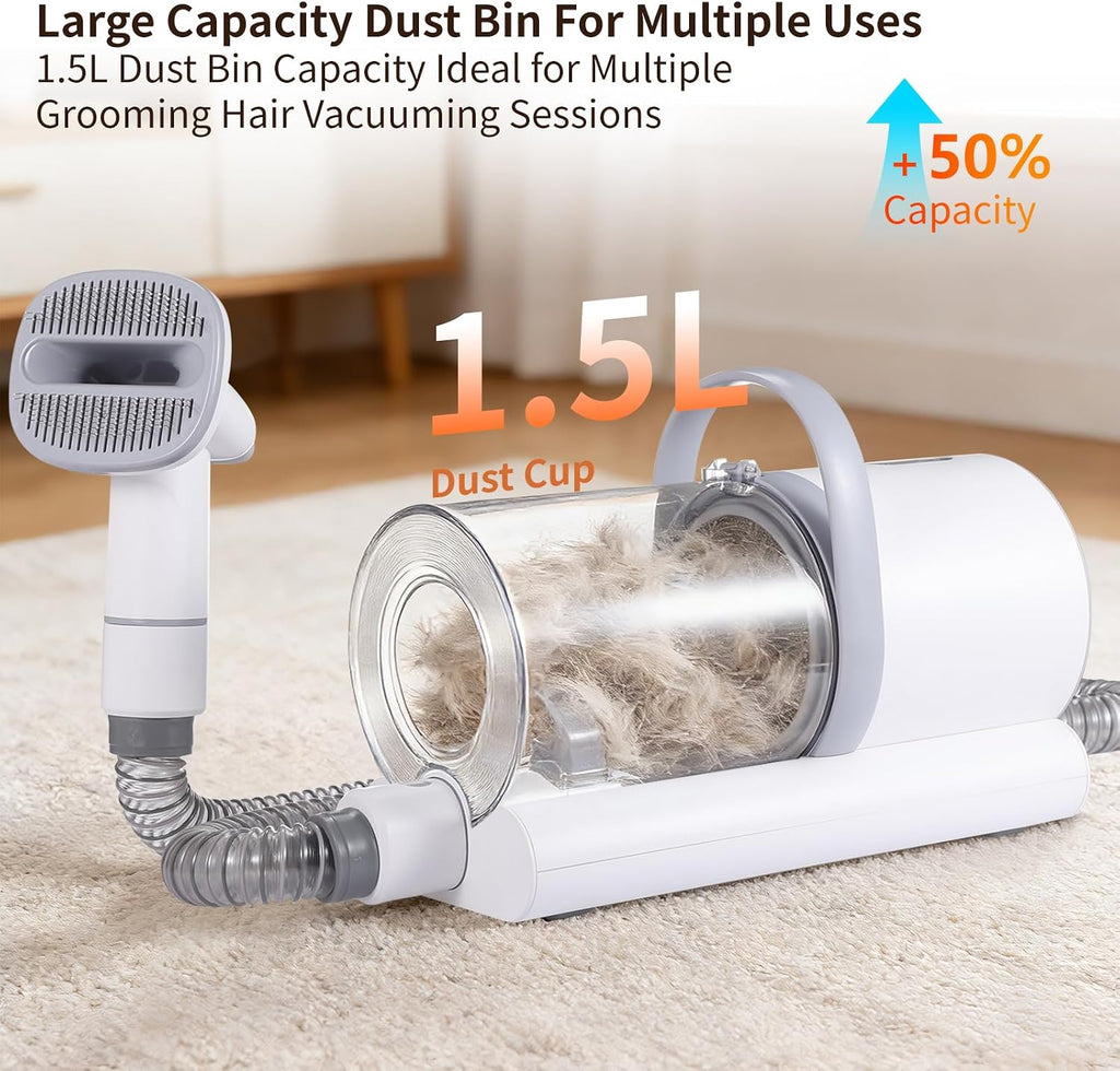 Deshedding brush tool removing loose fur from a thick coat dog