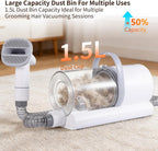 Deshedding brush tool removing loose fur from a thick coat dog