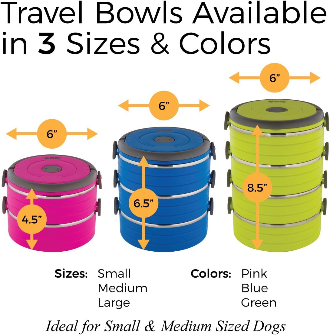 Premium 18/10 stainless steel pet travel containers with pink lids and secure handle